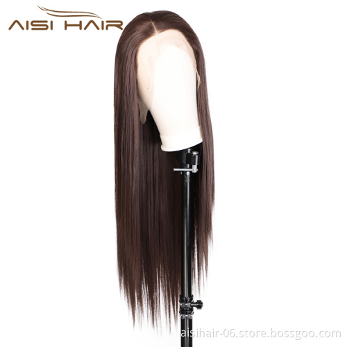 Aisi Hair Wholesale Long Silky Straight Ombre Brown Wig Synthetic Hair Swiss Lace Wig Lace Frontal Wigs For Black Women